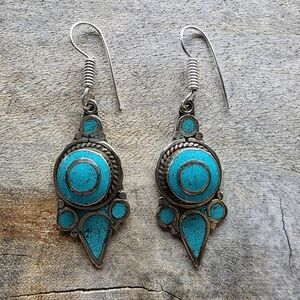 Turquoise Gemstone Tibetan (Nepal) Silver Earrings (2.2")
